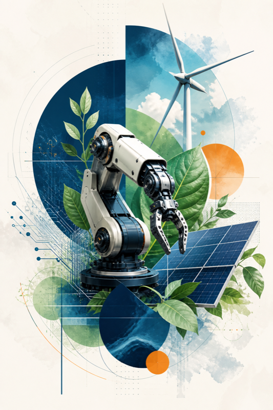 Robotic arm, wind turbine, solar panels, and green leaves representing sustainable engineering
