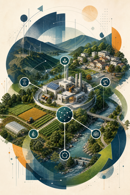 Connected regional landscape with manufacturing, agriculture, renewable energy, and community infrastructure